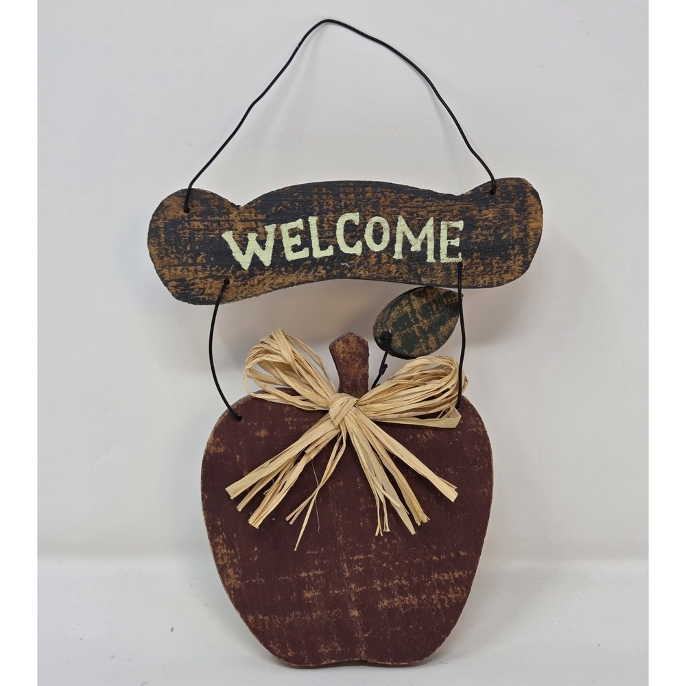 Primitive Country Wood Apple Welcome Sign Distressed Red Raffia Bow Farmhouse